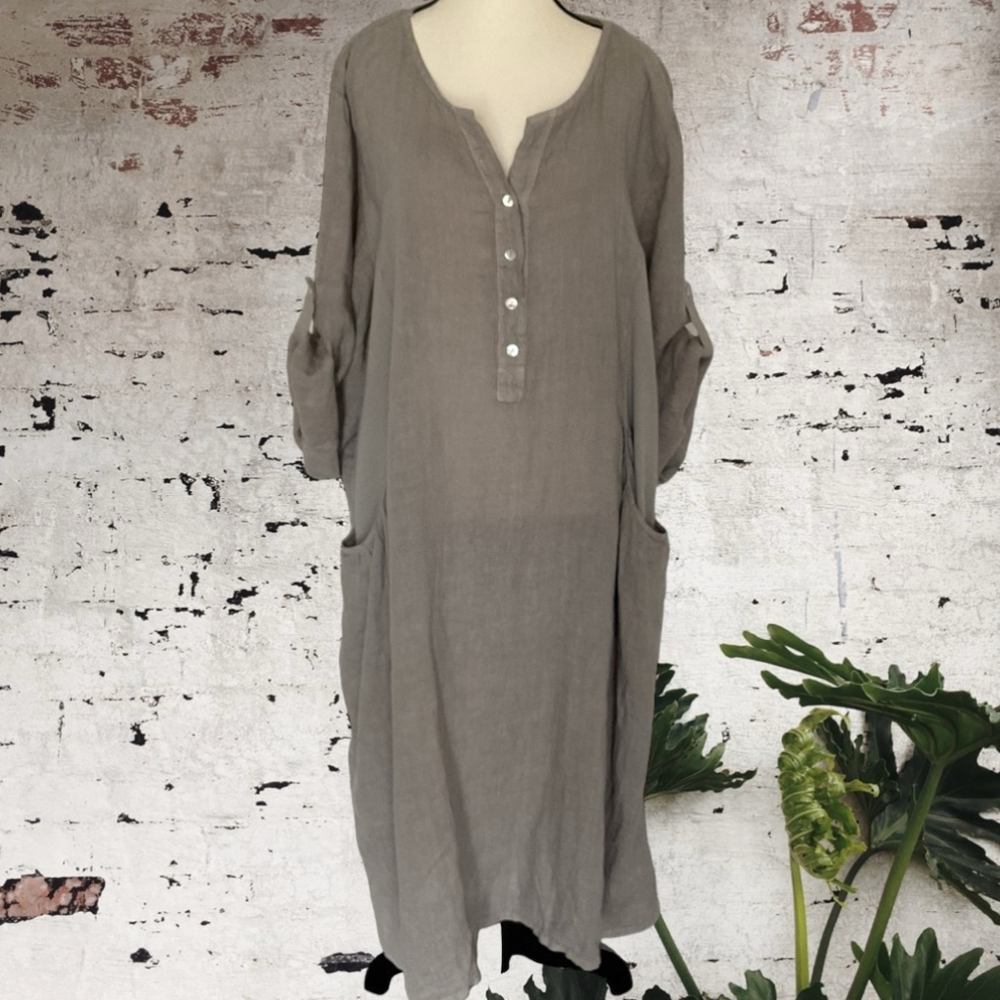 Terzo Millenio Italian linen maxi dress pockets ribbed panels cinched back 3X